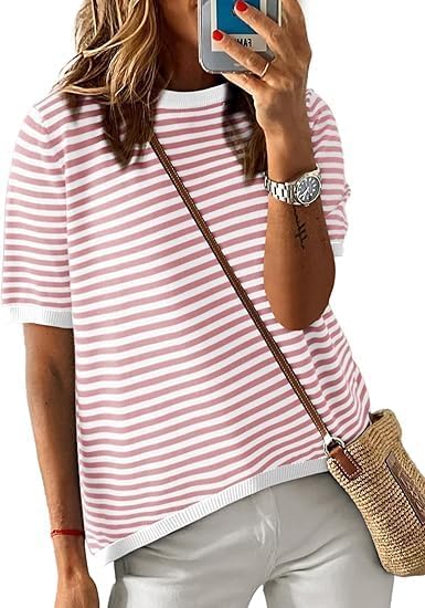Cuptacc Tshirt Damen Baumwolle Oberteile Sommer Gestreiftes Kurzarm | Rundhals,Streifen,Elegant,Casual,Luftige,Bequem,Mode,Locker,Büro,Reise