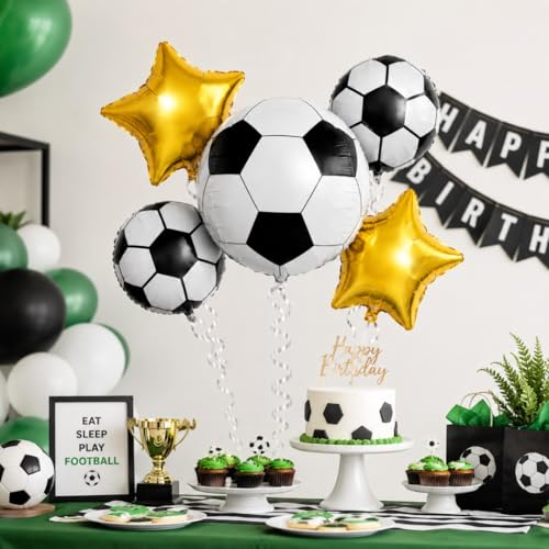 Image of Wanna Party Soccer Theme Foil Balloon Bouquet Set of 5 | Football Theme Helium Supported Balloons for Birthday Party Decoration, Sports Celebration & Cake Table Setup