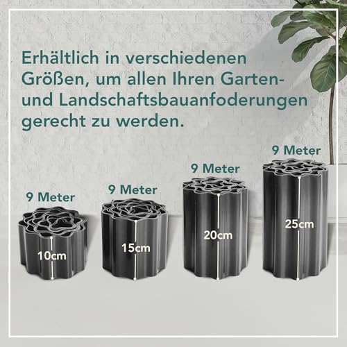 GARDENIX Rasenkante Kunststoff 9m, Höhe 25 cm - Beeteinfassung Gewellte für Blumenbeet - Beetumrandung Kunststoff Grau, Beetbegrenzung, Flexibel, Wetterbeständig, Einfache Montage