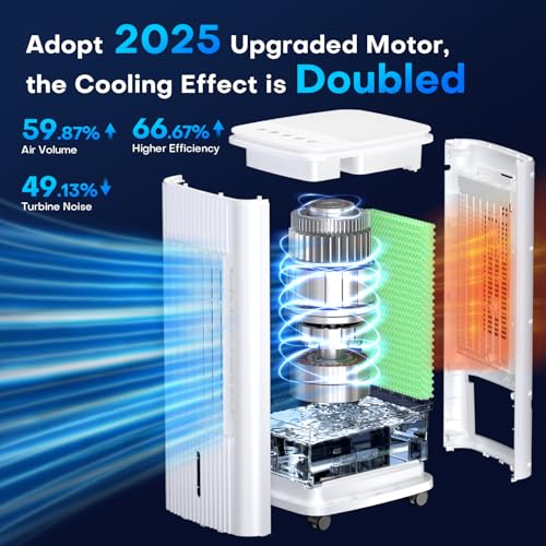 MYICY Ar condicionado sem janelas de 63,5 cm com tanques duplos para resfriamento de 16H, controle remoto e temporizador de 7,6 m, refrigerador de ar evaporativo 3 em 1 para sala, oscilação de 90°