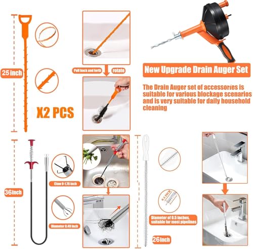 Image of Drain Snake, Drain Auger with Drill Attachment, 25 Feet Plumbing Snake Tool Set Included Drain Clog Remover, Hair Clog Remover & Cleaning Brush for Kitchen, Bathroom and Shower Sink with Gloves