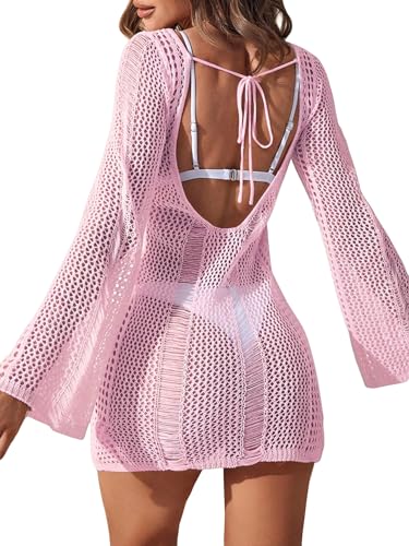 Image of Floerns Women's Crochet Cover Up Long Sleeve Hollow Out Bikini Swimsuit Beach Cover Up Swimwear