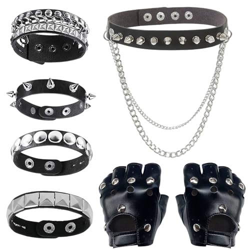 DAVBNM 5 pcs Emo Accessories - Goth Choker | Studded Bracelet | Leather Fingerless Gloves for Woman Man Fancy Dress, for Halloween Costume 80s 90s Emo Jewelry Punk Accessories