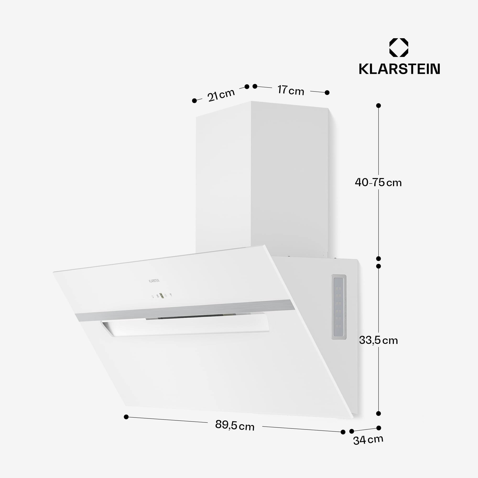 Klarstein BigBite Kopffreihaube 90 cm – Abzugshaube mit Touch-Bedienung, 417 m³/h Boost, LED-Beleuchtung, A+++ Energieeffizienz, Umluft & Abluft, Glasdesign, leise, dunstabzugshaube, Weiß