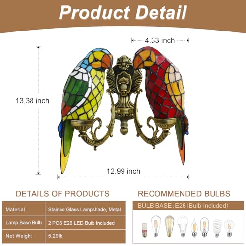 Image of 2-Light Double Parrot Tiffany Wall Sconce Stained Glass with Bulbs | Handmade double parrot stained glass Tiffany wall sconce, 2 lights, vintage decor, includes LED bulbs for bedroom hallway
