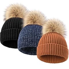 3 Pcs Knitted Beanie With Pom: Navy, Brown, Black