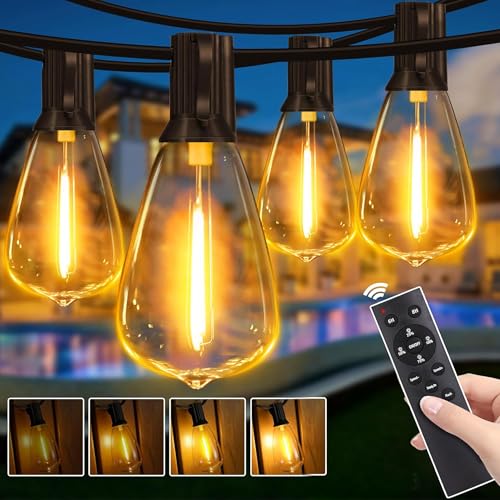 Outdoor String Lights Dimmable with Remote, 50 FT Outdoor Lights with 2 Timer and 3 Modes, Waterproof & Shatterproof Patio Lights, 2200K Energy Saving String Lights 2 Spare Bulbs for Patio Yard