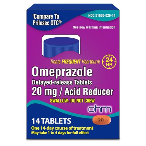 Ohm Omeprazole 20mg, 14 Delayed-Release Tablets (2 Weeks Supply) Acid Reducer for Frequent Heartburn, 24-Hour Relief, Heartburn Medicine to Help Relieve Stomach & Chest Discomfort