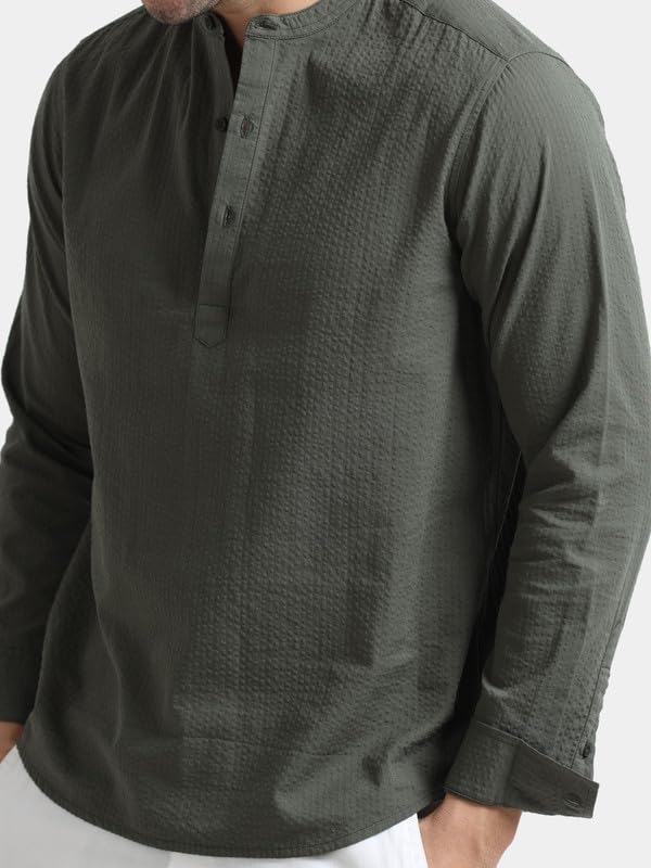 Image of StitchX Men's Seersucker Band Collar Pure Cotton Striped Kurta Shirt-S-2XL
