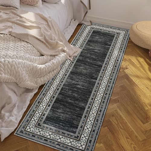 GlowSol Modern Runner Rug 2x6 Washable Bordered Hallway Runner Washable Rug Kitchen Runner Black Laundry Room Rug Runner Non Slip Non-Shedding Low Pile Soft Carpet Runner for Bathroom Bedroom Entry