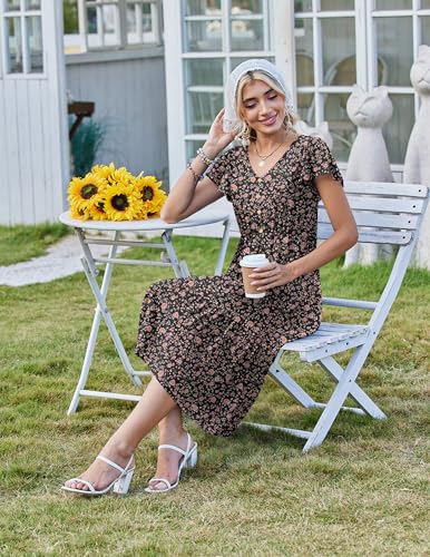 Image of Zeagoo Women's Summer Casual Dress Flutter Short Sleeve V Neck Button Down Tiered Flowy Long Dress with Pockets