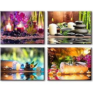 Piy Painting 4 pics Spa Behandeling Foto met Kaars Bamboe Steen Canvas Wall Art Waterdichte Haak Gemonteerd in echte Houten Schilderijen voor Yoga Praktijk rustig voor Gym Sauna Studie Slaapkamer 12 “x 16”