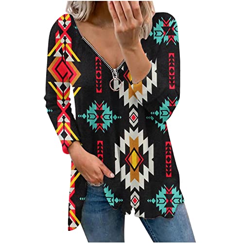 Camiseta feminina de algodão para verão, outono, manga comprida, gola V, zíper, estampada, vintage,