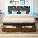 Sismplly Queen Size Metal Platform Bed Frame with 2 Storage Drawers & LED Light, Upholstered Headboard with Charging Station, No Box Spring Needed, Brown Wood Panel