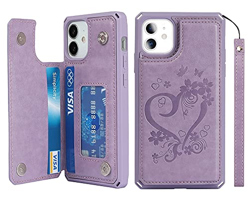 iCoverCase Compatible with iPhone 12 Mini Wallet Phone Case with Card Holder for Women RFID Blocking Embossed PU Leather Wrist Strap Case 5.4 Inch (Heart Purple)
