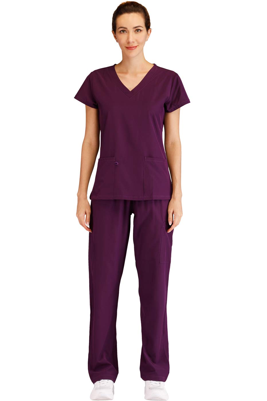 Minty Mint Women's V Neck Solid Stretch Medical Scrub Set Dark Purple L