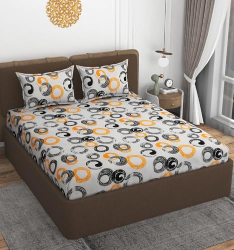 Image of VOMZER 320 TC Cotton Feel All Around Elastic Printed Fitted Queen Size Bedsheets, Supersoft Elastic Fitted Double Bedsheet with 2 Pillow Covers, Size 60x78x8 Inches, YELLOW Circle