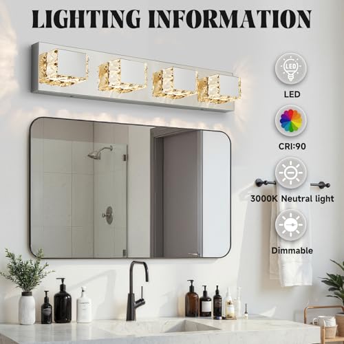 Image of 4-Light Bathroom Light Fixtures,Modern Crystal Bathroom Vanity Lights Fixture Over Mirror, Crystal 4 Lights Wall Sconce for Mirror Bedroom, Living Room