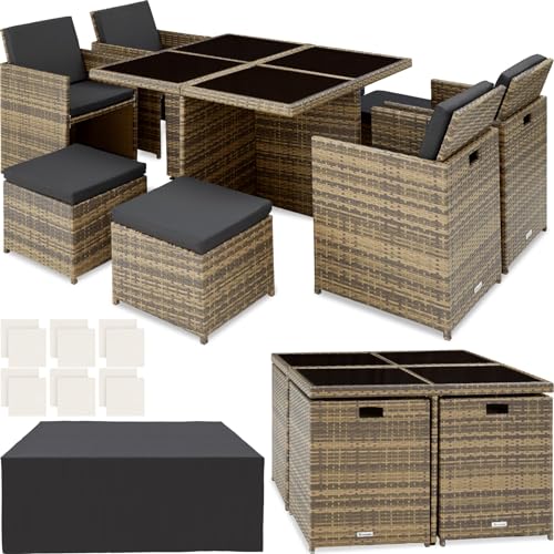 tectake® Conjunto Jardín Exterior de Ratán y Aluminio, Muebles Jardín Exterior Resistentes a la Intemperie, para hasta 8 Personas, con 2 Juegos de Fundas y Funda Protectora   Natural