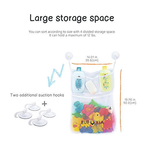 Eutuxia Bath Toy Organizer, Quick Dry Hanging Mesh Net Bathtub Storage With 4 Pockets & 4 Adhesive Hooks For Kids Toys And Bathroom Essentials. Shower Caddy For Decor, Fun, Educational, 19.76" X 14" #TOP4