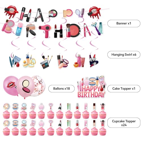 Image of Makeup Spa Birthday Decoration Set, Pink Cute Beauty Happy Birthday Banner, Party Supplies with Banner, Hanging Swirl, Balloon, Cake Topper, Cupcake Topper
