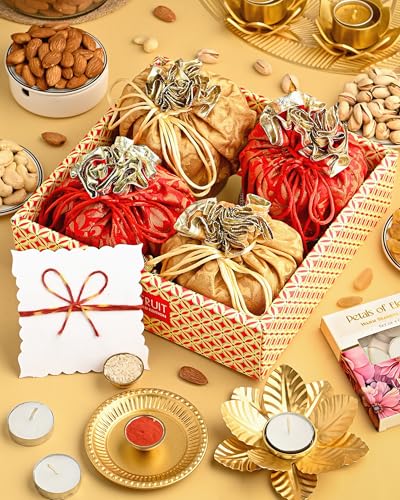 Image of HyperFoods Bhai Dooj Tikka For Brother Rawfruit's Handcrafted Potli Pack of 4 DryFruits 495 Grams with Thali Dry Fruits Gift Box DryFruit Combo Pack Tikka For Bhai Dooj Tikka for BhaiDooj with Gift