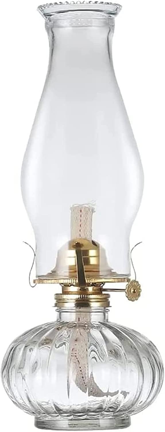 Oil Lamp,Hurricane Lamps, Large Vintage Clear Oil Lamps for Indoor Use Home Decor Lighting Stripe Flat Round Glass Classic Old Oil Lantern Antique Chamber Hurricane Lamp