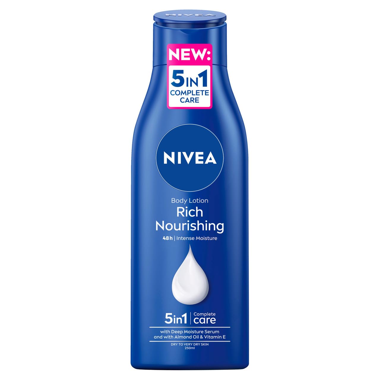 NIVEA Rich Nourishing Body Lotion (250ml), Rich 72H Hydration Moisturiser for Dry Skin Made with Deep Moisture Serum and Almond Oil, Intensive Hydration Body Lotion
