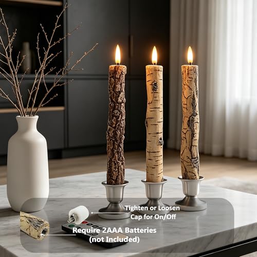 Image of LED 9.84 inch Flameless Taper Candles with Birch Bark Effect Battery Operated Real Wax Flickering Candlesticks with Remote Control and Timer Rustic Primitive Lights Decor Vintage Candles, Pack of 3