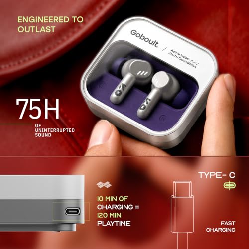 Image of GOBOULT Tenet Pro with ANC TWS Earbuds, 75H Playtime, Amp App Support, 32dB ANC, Quad Mic ENC, Dual Device Pairing, 13mm Driver Ear Buds, Bluetooth 6.0 Wireless Earbuds (Forest White)