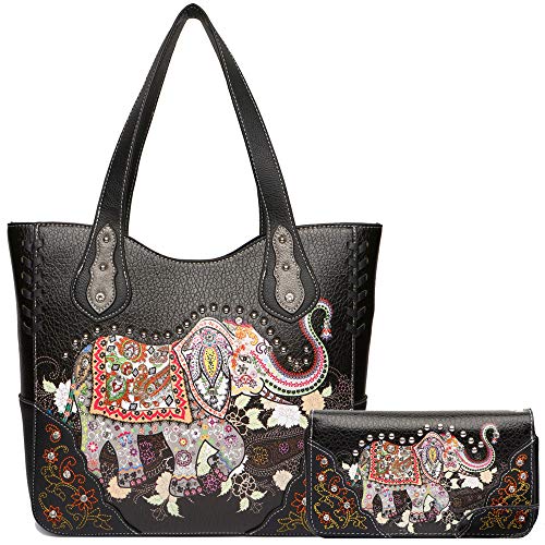 Elephant Rhinestone Studded Western Style Concealed Carry Purse Handbag Women Shoulder Bag Wallet Set