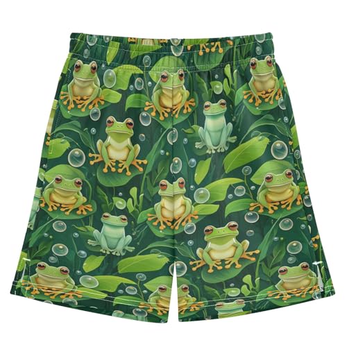 Green Frogs Leaves Durable Pull-On Boys Lounge Shorts, Above-The-Knee School Boys Outdoor Shorts XS