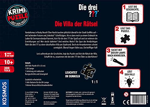 Die drei ??? - Krimi Puzzle - Die Villa der Rätsel von KOSMOS 697976, 300 Teile, Leuchtet im Dunkeln, mit UV-Lampe, Lesen, Puzzeln, Rätsel lösen, Detektiv Puzzle ab 10 Jahre