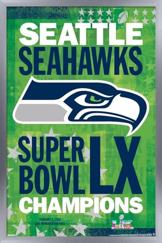 Trends International NFL Seattle Seahawks - Super Bowl LX Championship Team Logo Wall Poster, 22.4L x 14.7W, Silver Framed Version