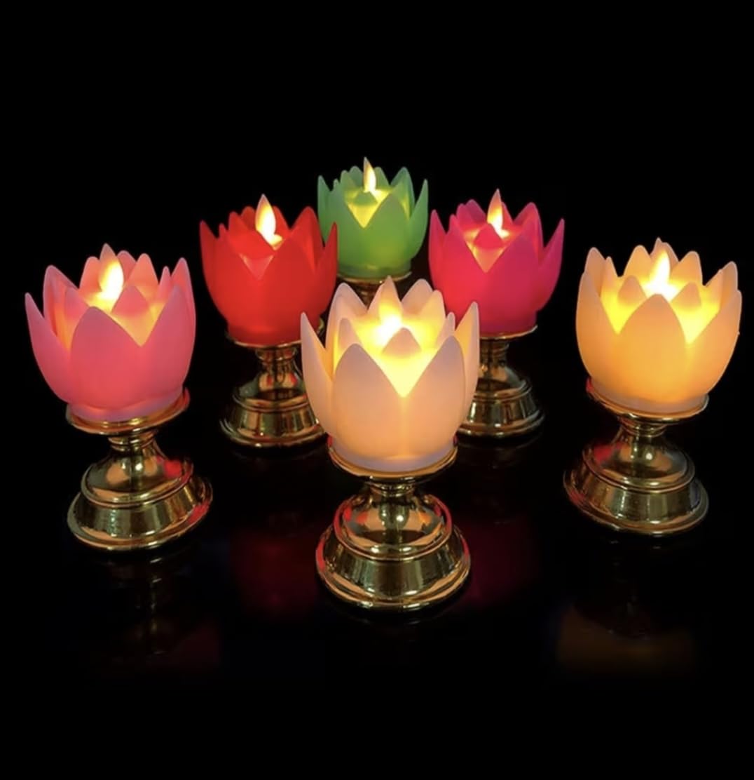 Lotus Flower LED Candle Light with Golden Base, Multicolour, Pack of 06 | Flameless LED, Temple Decor, Multiple Colours, Festive Lighting, Battery Powered-image-36