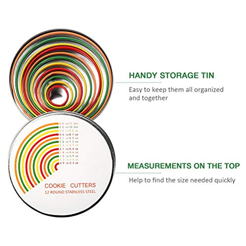 Round Cookie Biscuit Cutter Set - 12 Pack Pastry Cutters In Graduated Sizes For Donut, Dough, Fondant, Clay - Stainless Steel Circle Cutter Cake Ring Molds With Colorful Rubber Coating #TOP2