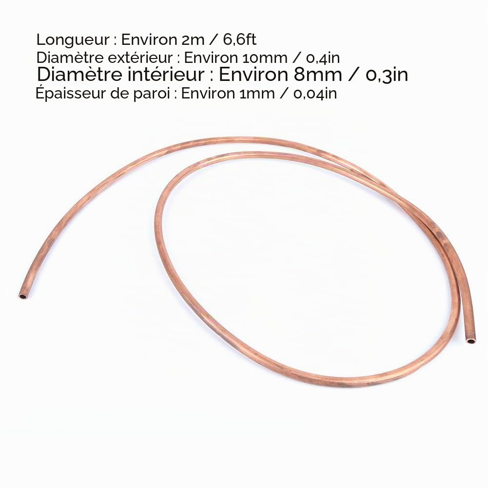 Dilwe Tube en cuivre C1100 T2, Diamètre extérieur 10 mm, Diamètre intérieur 8 mm, Tube de réfrigération en cuivre de haute qualité, Longueur 2M, 1