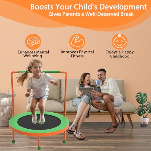 3FT Foldable Kids Trampoline, 36'' Indoor & Outdoor Mini Trampoline for Toddlers, Max Capacity 220 LBS, Adjustable Handlebar, Quiet & Safe Design