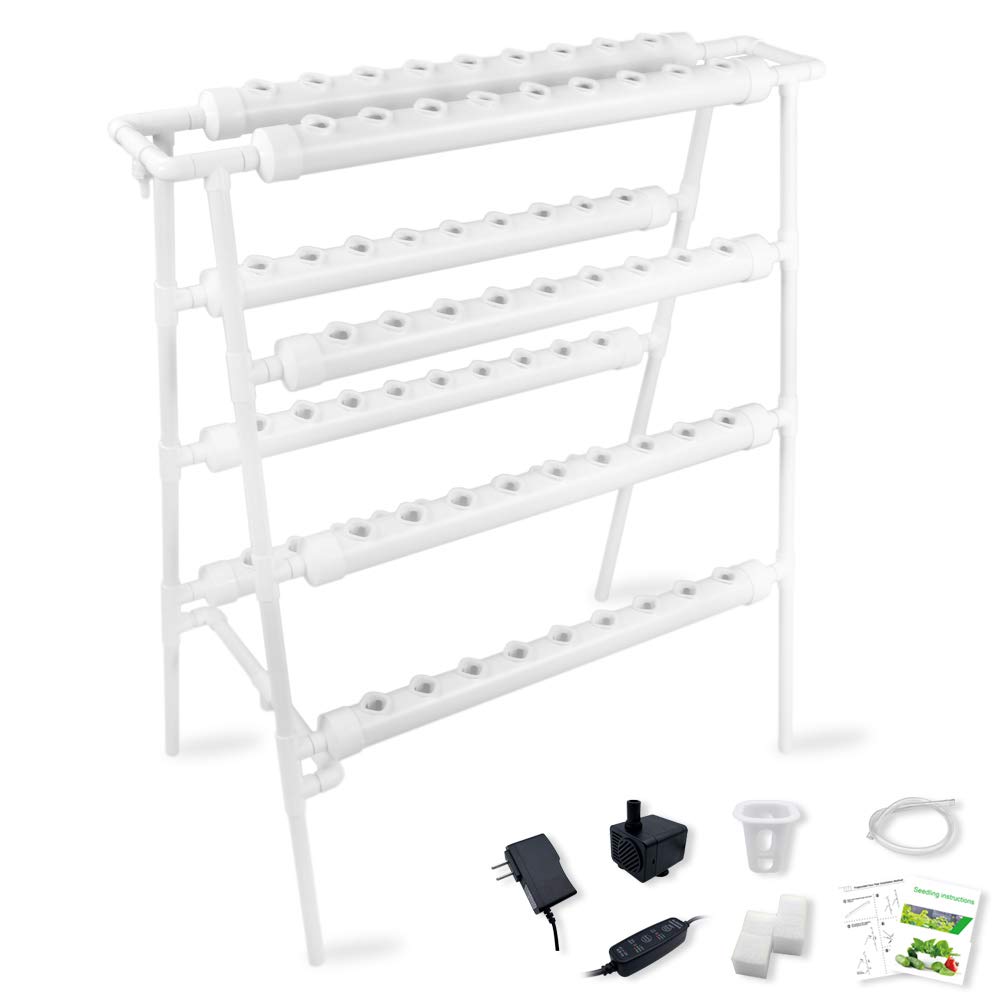 Hydroponic Growing System Gardening Grow Salad Kit, 72 Plant Holes 4 Layers 8 PVC Pipe with Pump, Timer, Sponge, Net Pot, Tutorials for Vegetable Soilless Cultivation with Fertilizer