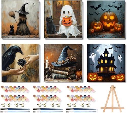 LWZAYS 6 Pack Halloween Paint by Numbers Kit for Adults with Frame Easy Horror Paint by Number for Adults Beginner with Wooden Easel DIY Painting by Numbers Canvas Framed for Home Decor 8 x 8 Inch