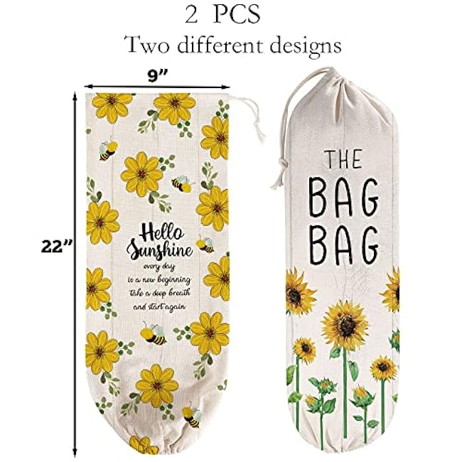 2Pcs Sunflower Plastic Bag Holder for Kitchen Essentials, Reusable Hanging Grocery Bag Organizer, Washable Large Grocery Trash Bags Storage Dispenser