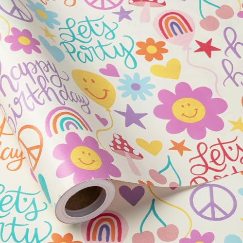 RUSPEPA Funny Wrapping Paper for Kids, Mini Roll, Colorful Smiling Face Pattern and Happy Birthday Text on Embossed Background Great for Birthday Party, Holiday, 17 Inches x 32.8 Feet