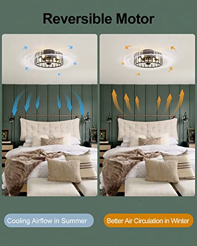 13'' Low Profile Small Flush Mount Farmhouse Industrial Caged Ceiling Fan With Lights, 6 Speed Bladeless Black Ceiling Fan With Remote Control For Living Room, Bedroom, Kitchen (Black) #TOP6