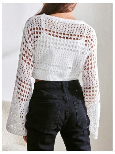 GORGLITTER Girl's Hollow Out Cropped Sweater Boat Neck Long Sleeve Crochet Top Drop Shoulder Pullover Tops2