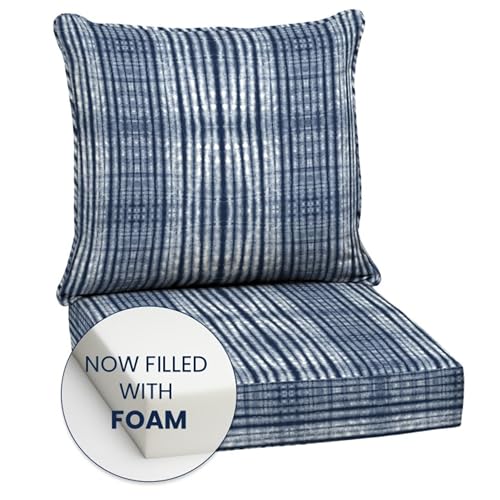 Image of Arden Outdoor Foam Deep Seat Cushions Set, 24x24, Premium High-Density Foam, Never Flattens, Weather-Proof for Patio Chair Sofa Couch, Blue Shibori Stripe