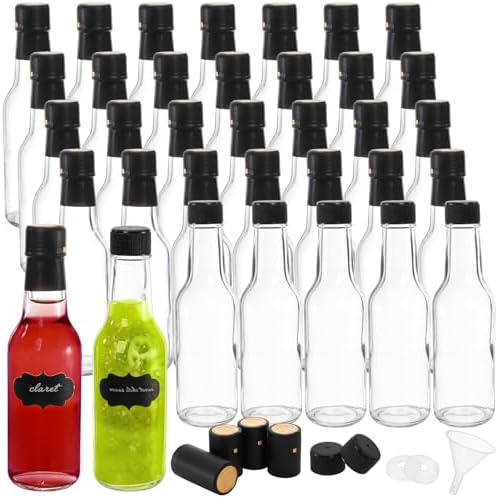 Cedilis 35 Pack Glass Woozy Bottles, 5oz Clear Hot Sauce Bottles, Small Empty Liquor Wine Bottle with Shrink Capsule, Black Screw Caps, Dripper Insert, Labels and Funnels