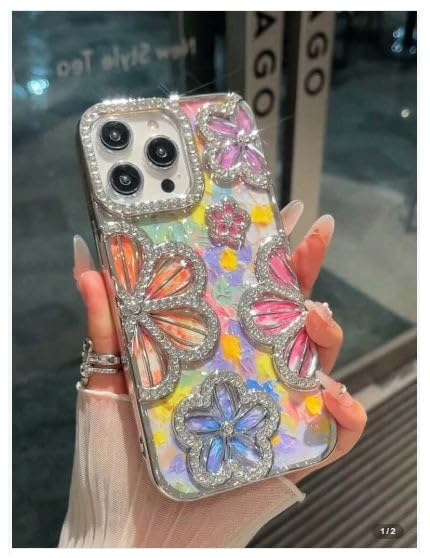 Image of COVERLY Luxury 3D Rhinestone Floral Diamond Bling Phone Case for iPhone 12 Pro - Sparkling Oil Painting Flower Glitter Cover, Electroplated TPU, Cute Camera Protection Cover for Women & Girls (Silver)