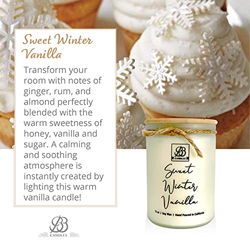 BB Candles Winter Collection Natural Soy Hand Poured Candle - Sweet Winter Vanilla Scented Candle with Frosted Jar & Bamboo Lid - Fragrant Winter Candle - 12oz, 90+ Hours Burn Time