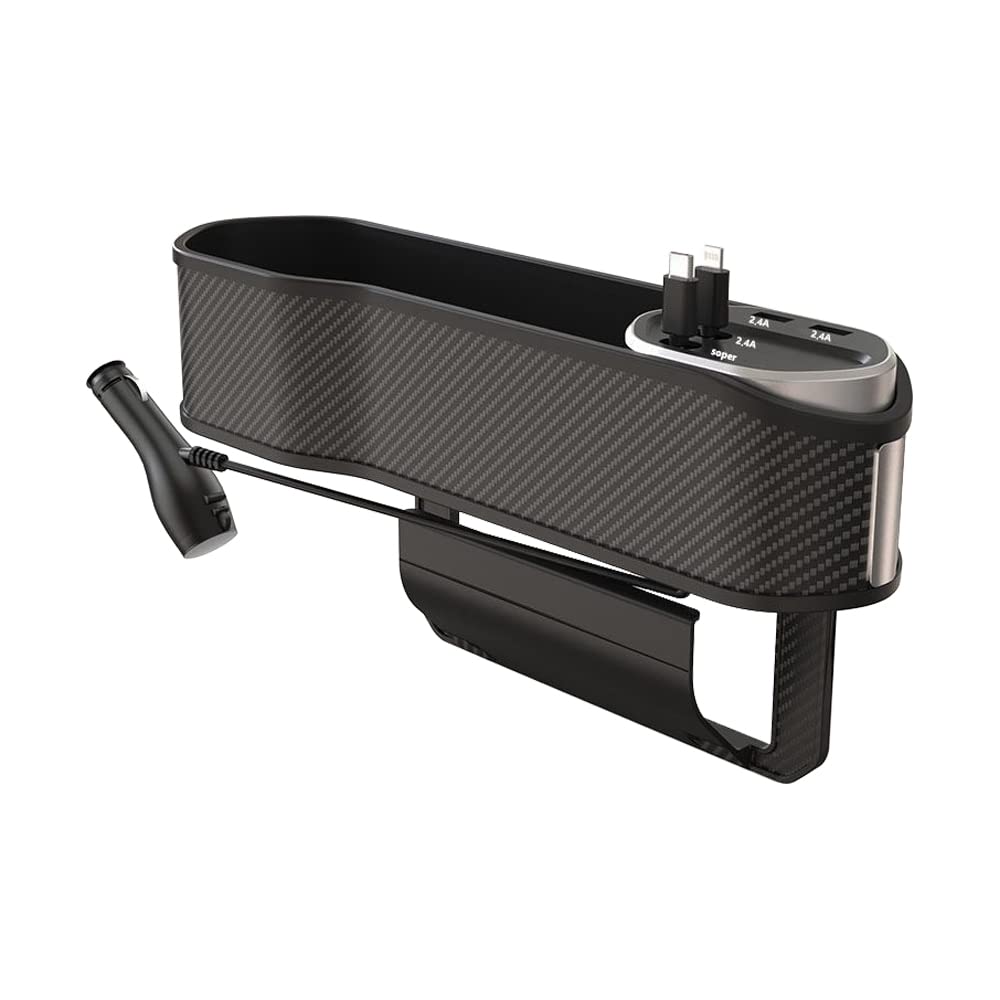Riloer Organizador de asiento de coche multifuncional con soporte pequeño para vasos, organizador de relleno de brecha para asientos delanteros con 2 puertos USB