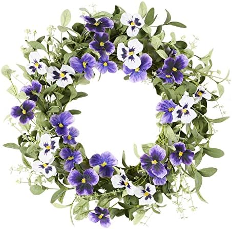 YNYLCHMX 18" Spring Door Wreath with Purple Pansy Flowers & Green Eucalyptus Leaves, Artificial Floral Wreath Green Foliage Wreath for Wall Window Farmhouse Party Holiday Home Decor